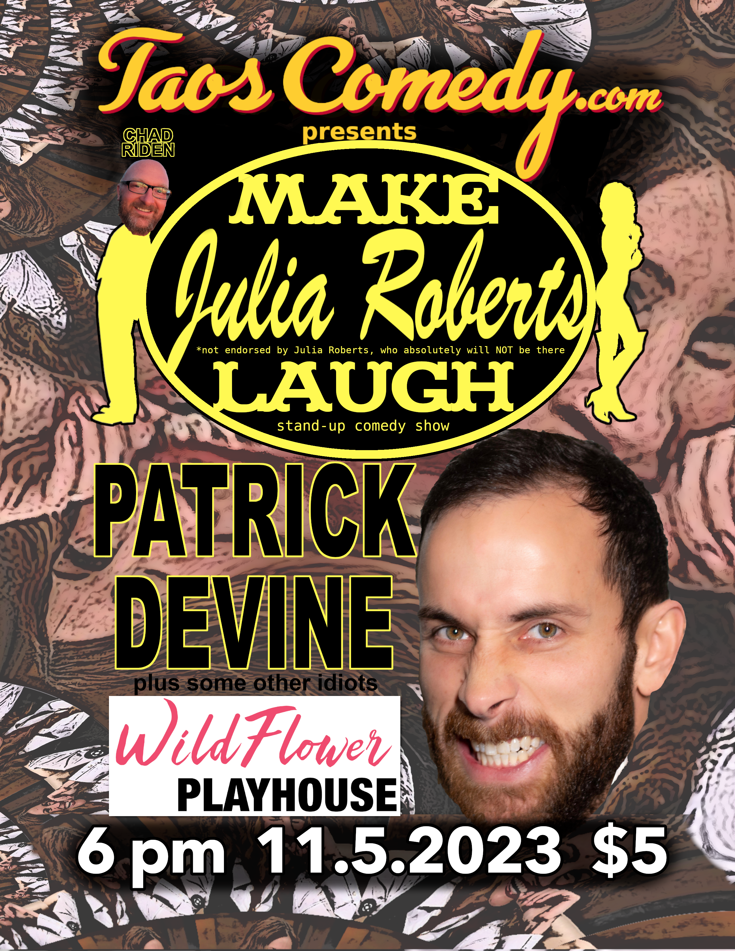 Patrick Devine, Make Julia Roberts Laugh! stand-up comedy show at Wildflower Playhouse