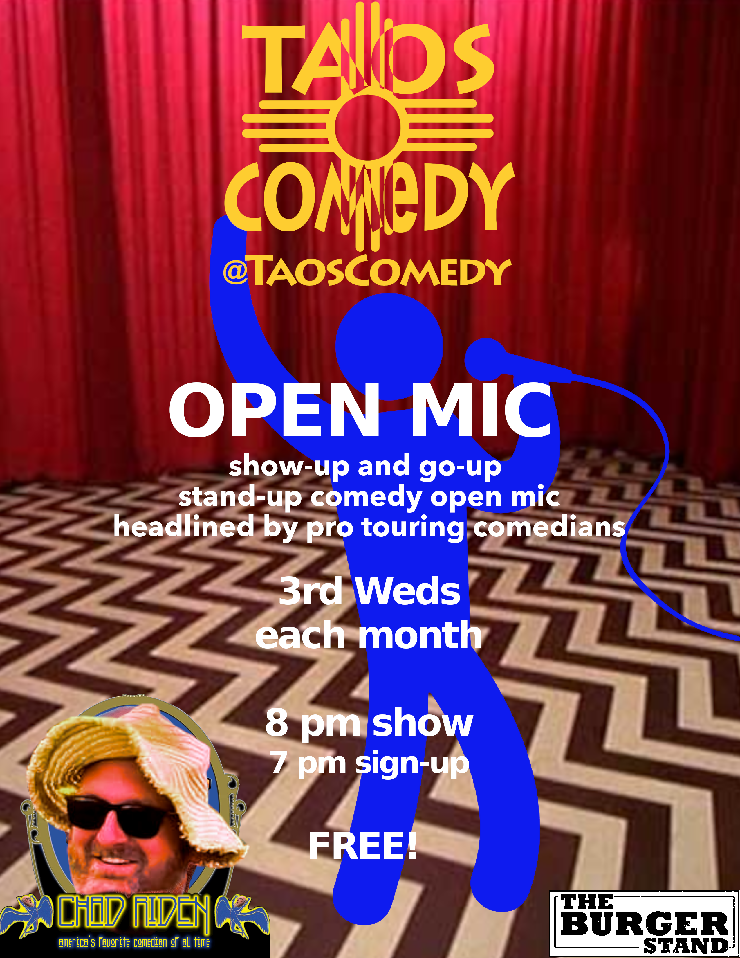 OPEN MIC stand-up comedy at The Burger Stand the 3rd Wednesday of every month.