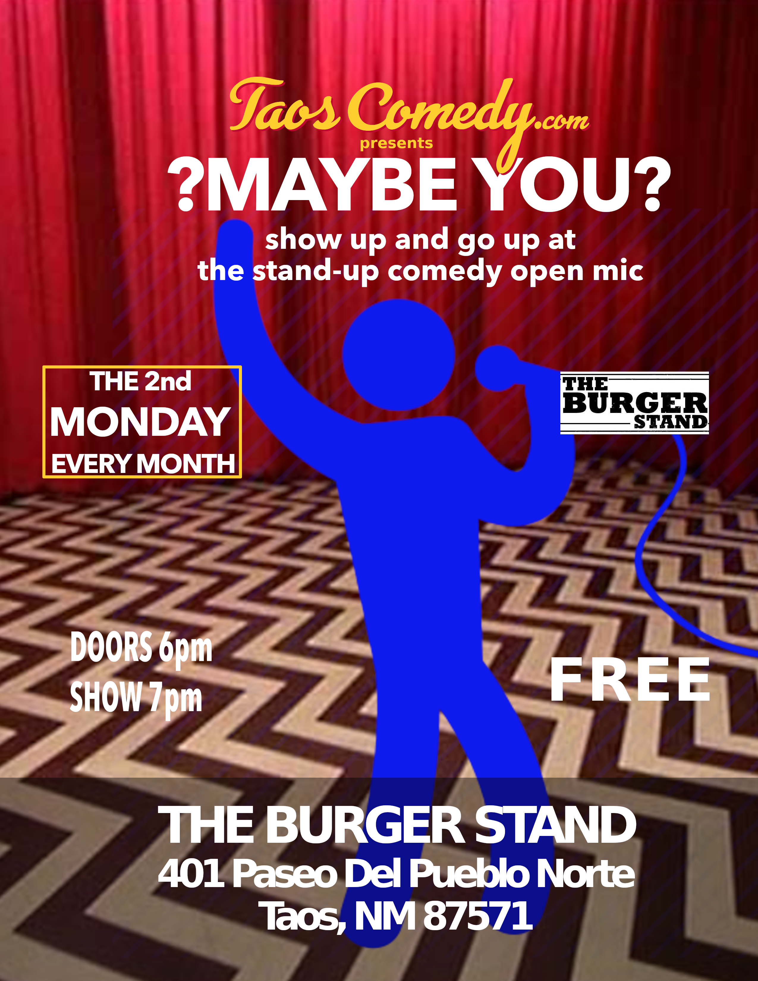 OPEN MIC stand-up comedy at The Burger Stand the 2nd Monday of every month.