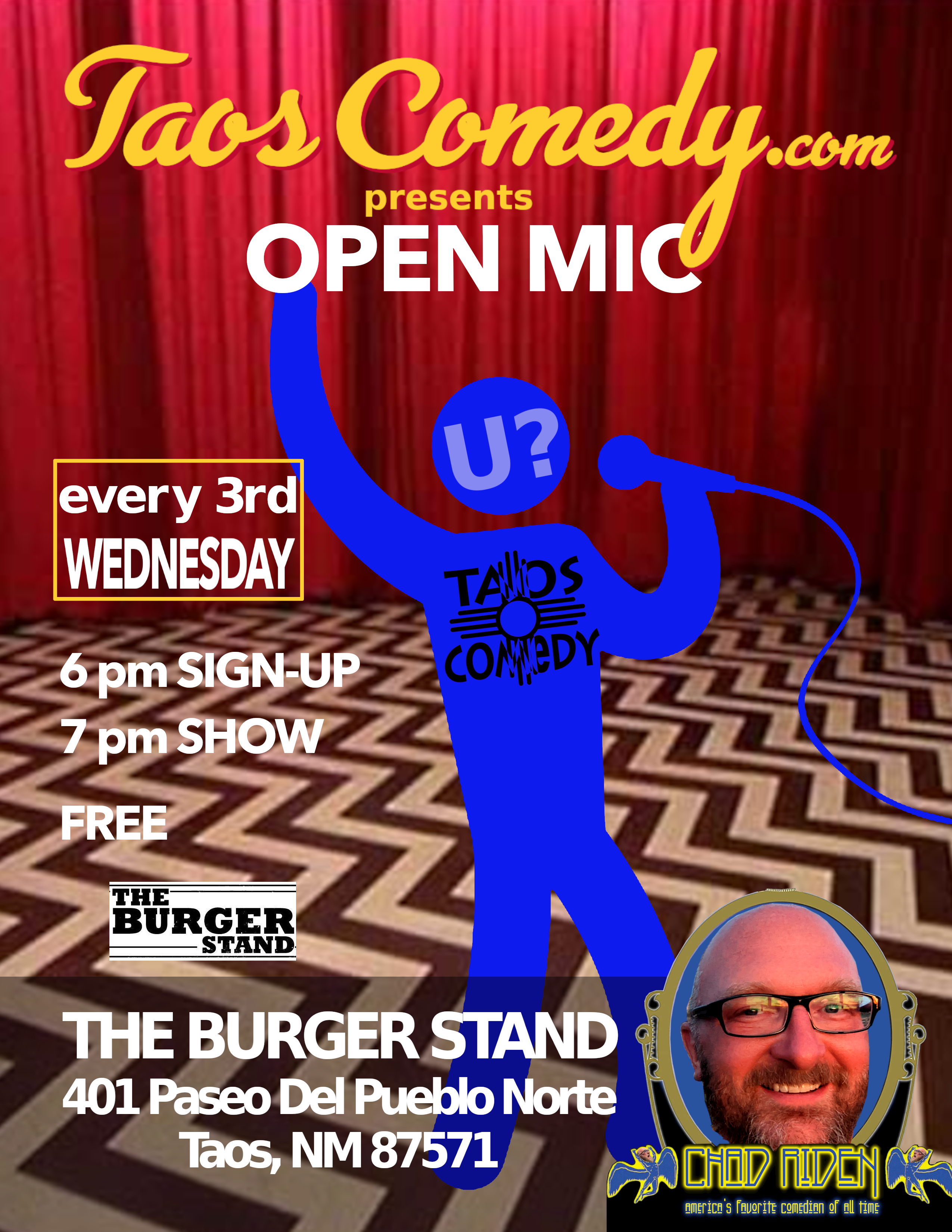 OPEN MIC stand-up comedy at The Burger Stand the 3rd Wednesday of every month.